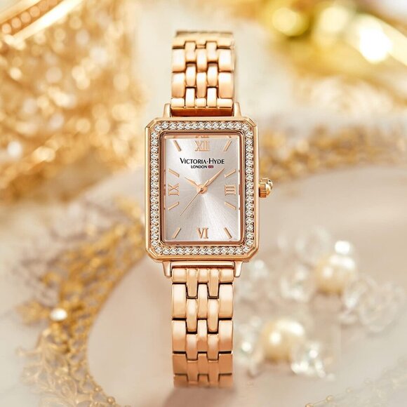 VICTORIA HYDE Womens Elegant Watch Mother Pearl Dial Gold Crystal Leather Band - Picture 4 of 6